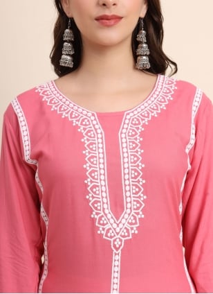 Pink Rayon Embroidered Party Wear Kurti