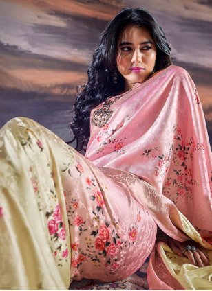 Pink Satin Digital Print Trendy Saree