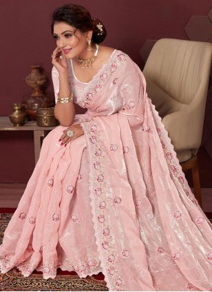 Pink Satin Embroidered Designer Sari