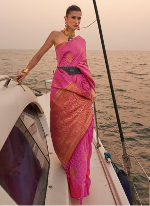 Pink Satin Weaving Classic Sari