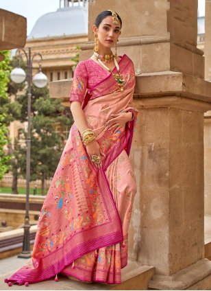 Pink Silk Printed Contemporary Sari