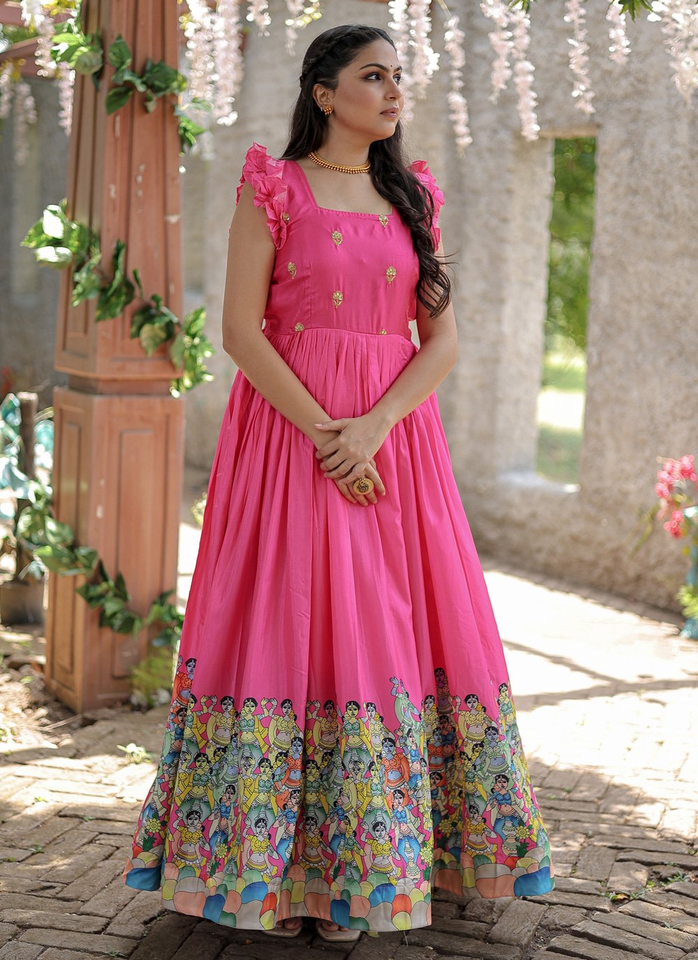 Pink georgette embroidery indian party gown with dupatta - maxi gown , –  shakthistyles