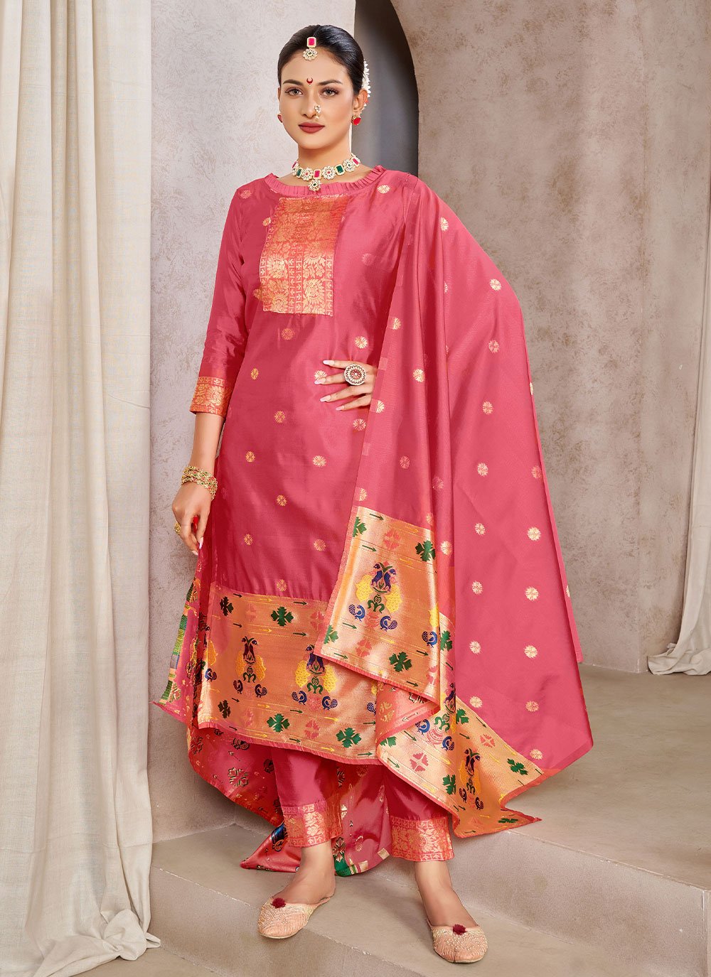Pink Tafeta Jacquard Trendy Salwar Suits