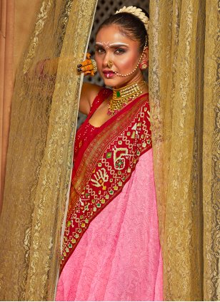 Pink Tussar Silk Border Trendy Designer Patola Sari