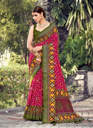 Pink Tussar Silk Foil Print Designer Sari