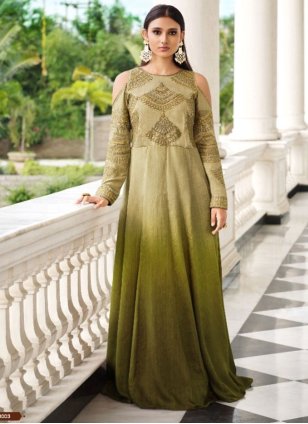 Pista green Silk Embroidered Gown
