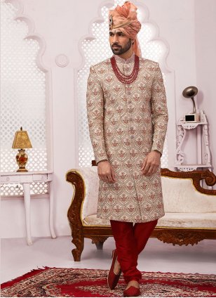 Poly Silk Embroidered Sherwani in Maroon and Off White for Men