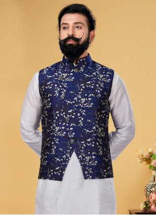 Printed Silk Nehru Jacket in Navy blue for Men