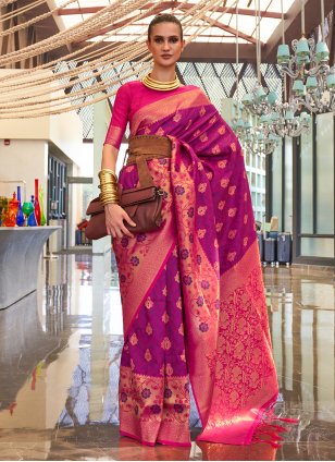 Purple and Rani Handloom Silk Weaving Traditional Saree