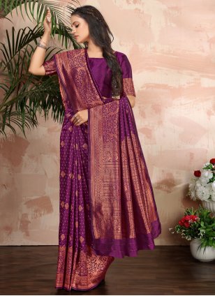 
                            Purple Banarasi Silk Weaving Trendy Sari