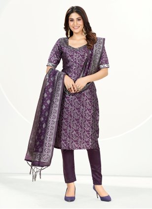 Purple Banarasi Silk Woven Pant Style Suit