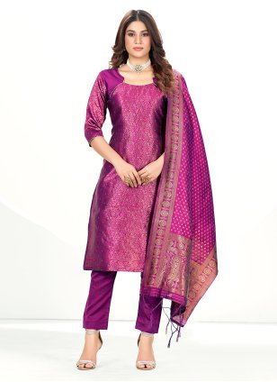 Purple Banarasi Silk Woven Straight Salwar Suit