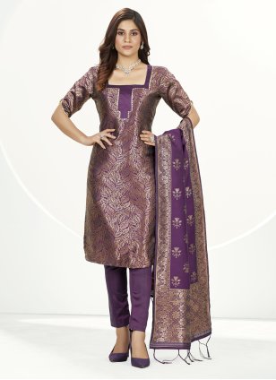 Purple Banarasi Silk Woven Trendy Salwar Suits