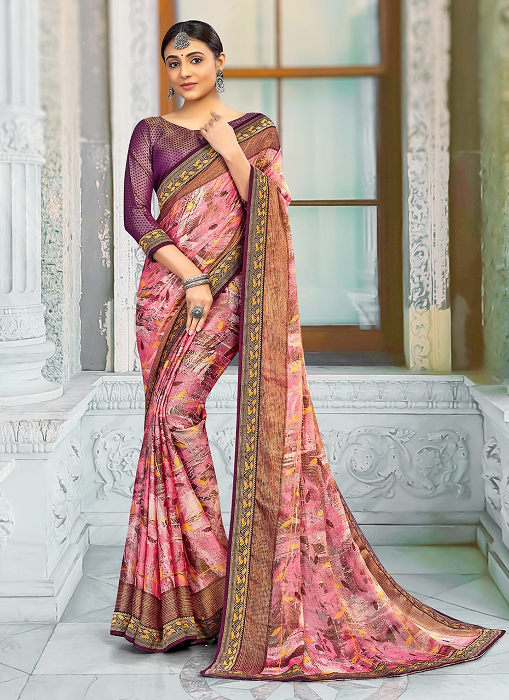 Digital Printed Georgette Brasso Saree in Black : SFVA1798