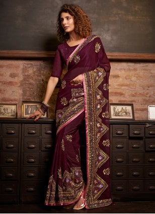 Purple Chinon Embroidered Classic Sari