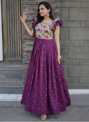 Purple Chinon Embroidered Readymade Party Wear Gown