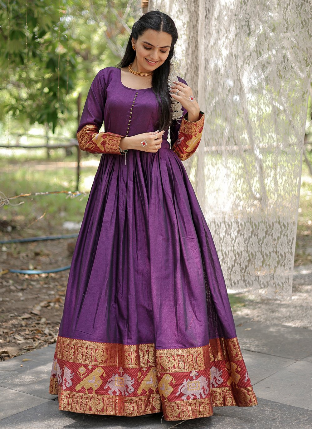 Gown Dress in Purple Cotton with Embroidered