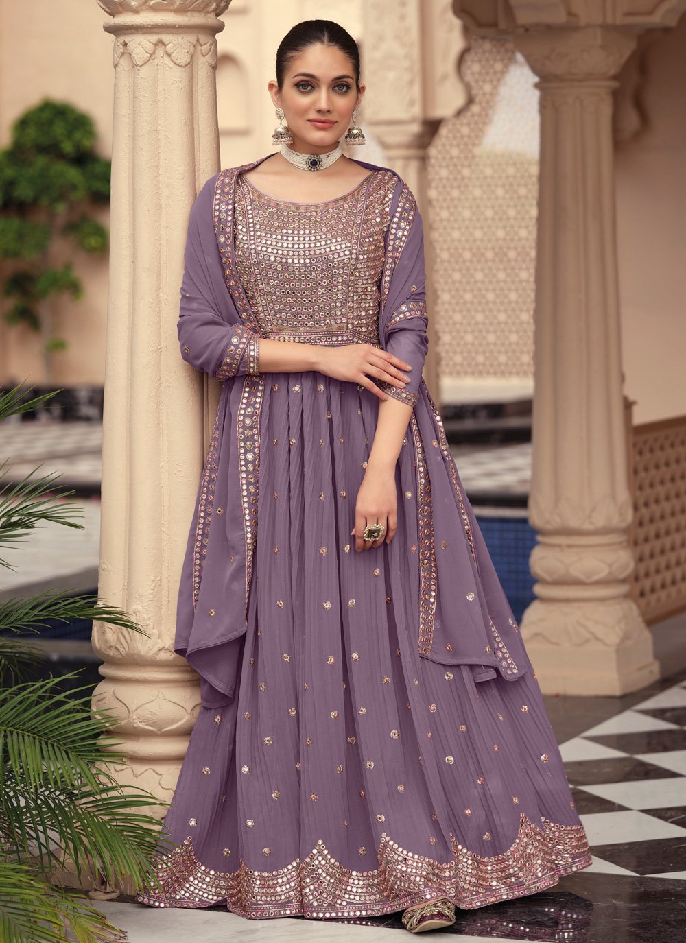 Purple Georgette Embroidered Party Wear Gown