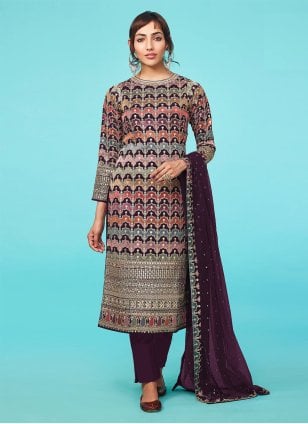Purple Georgette Embroidered Pant Style Suit