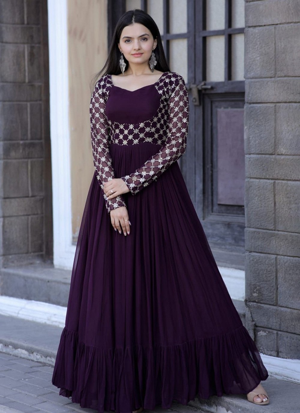 Long Gown Dress In Purple Color With Jacard border - Spegrow Mart