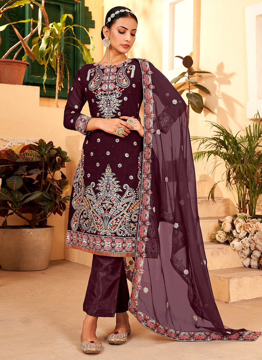 Purple Georgette Embroidered Straight Salwar Suit