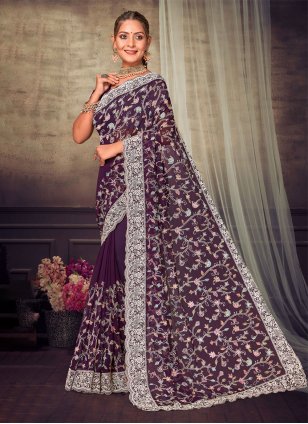 Purple Georgette Embroidered Traditional Saree