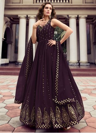 Purple Georgette Embroidered Trendy Gown