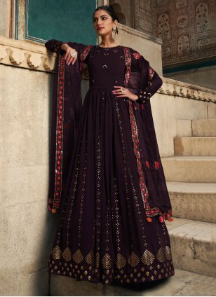 Purple Georgette Embroidered Trendy Long Gown
