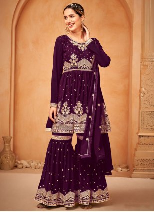 Purple Georgette Embroidered Trendy Salwar Suits