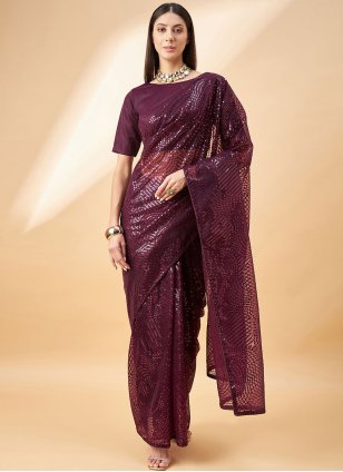 Purple Georgette Sequins Contemporary Sari