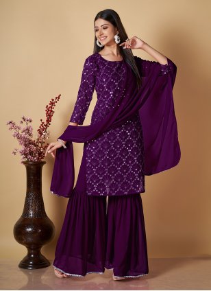 Purple Georgette Sequins Palazzo Salwar Suit