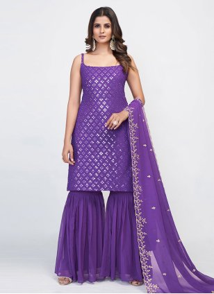 Purple Georgette Sequins Readymade Indo Western Style Salwar Suits