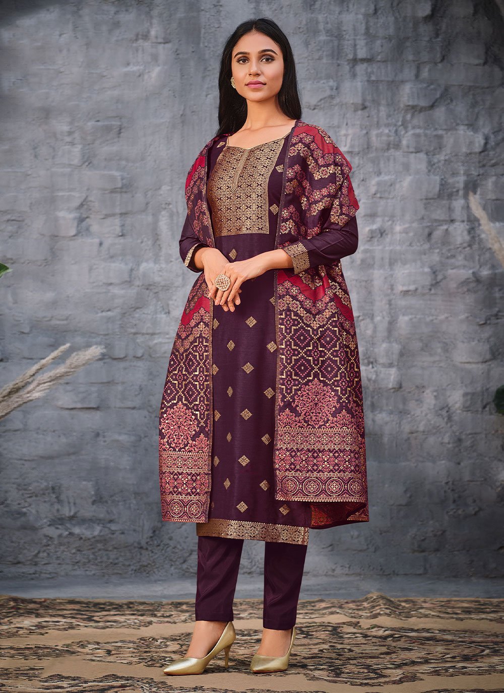 Purple Jacquard Swarovski Work Straight Cut Salwar Suit