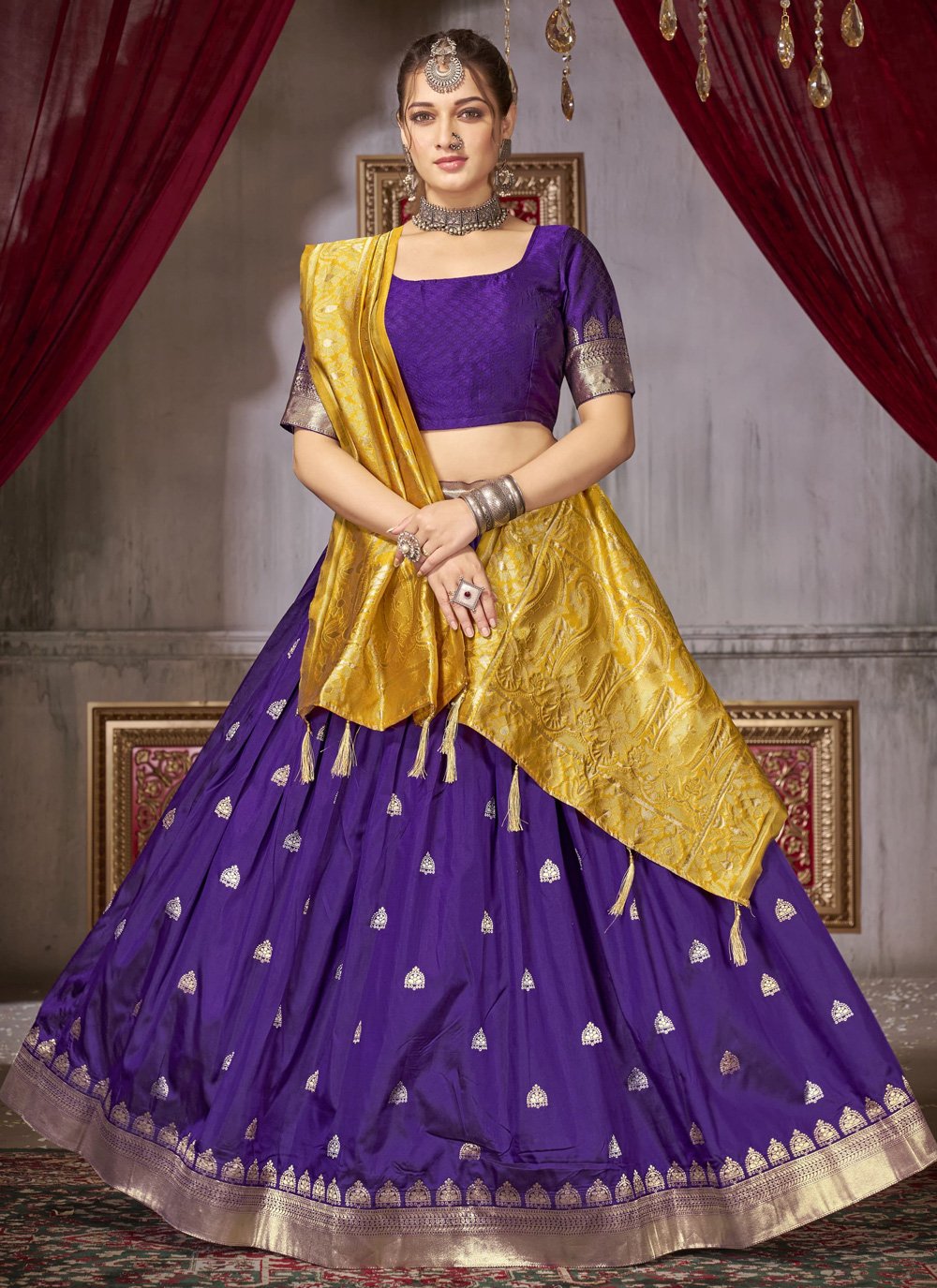 Yellow Raw Silk Lehenga Set With Purple Dupatta - Angad Singh- Fabilicious  Fashion