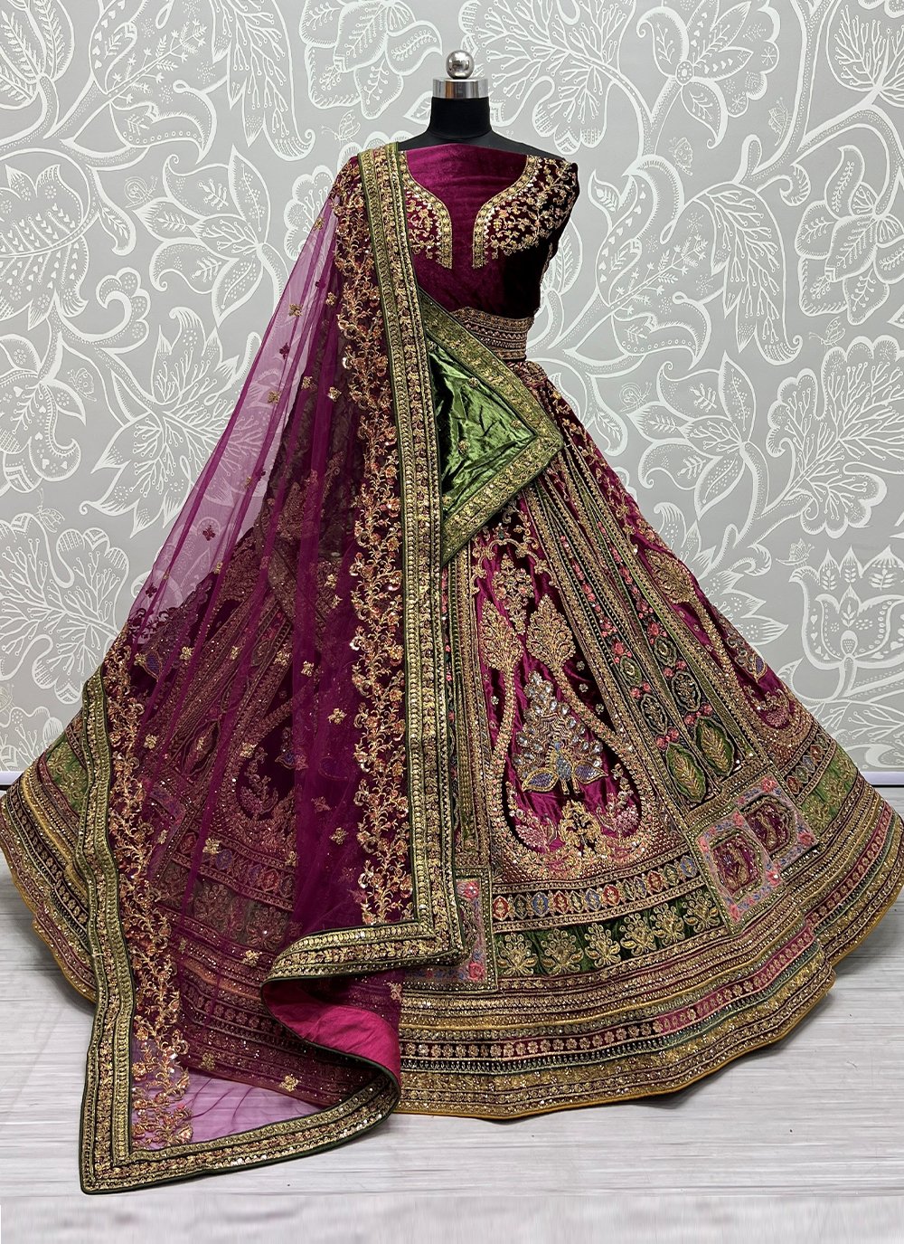 Magenta silk embroidered bridal lehenga choli 924B