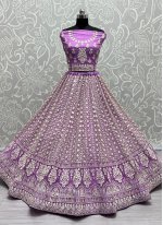 Purple Net Embroidered A - Line Lehenga