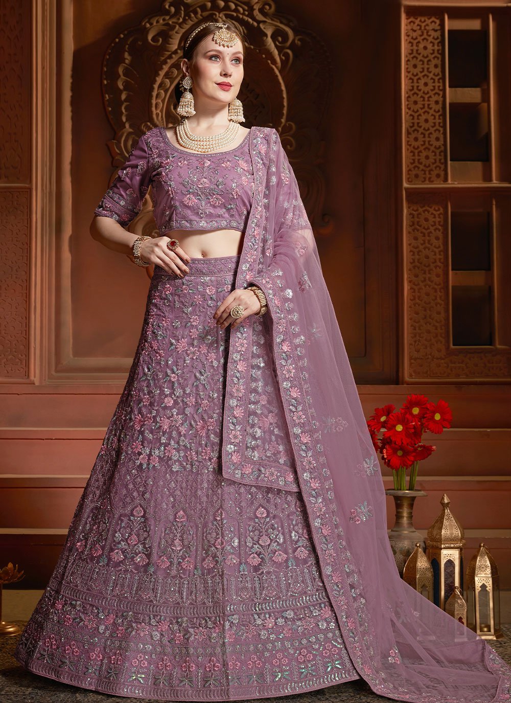 Buy Purple Cording Work Net Wedding Lehenga Choli from Ethnic Plus.