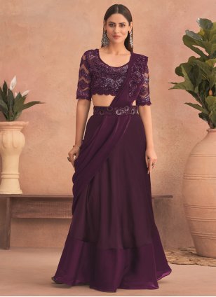 Purple Net Embroidered Lehenga Style Saree