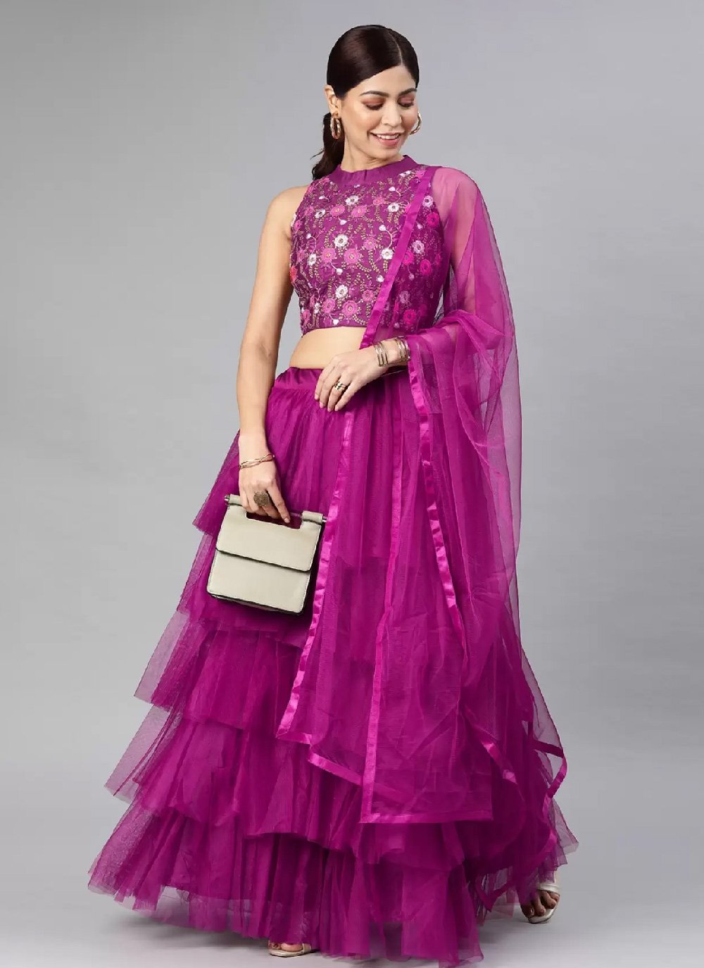 Lilac Chiffon Ruffled Lehenga Saree Set Design by Varun Nidhika at Pernia's  Pop Up Shop 2024