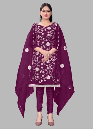 Purple Organza Embroidered Straight Salwar Suit
