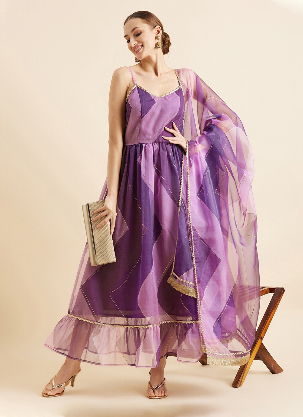 Purple Zardosi Work Netted Gown