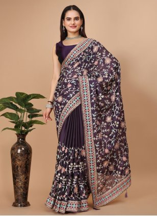 Purple Rangoli Embroidered Designer Sari