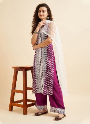 Purple Rayon Embroidered Trendy Salwar Suits