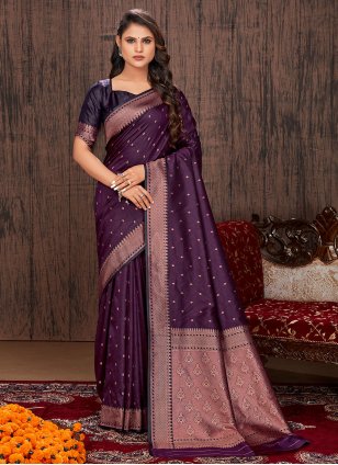 Purple Satin Woven Classic Saree