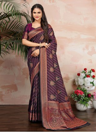 Purple Satin Woven Trendy Saree