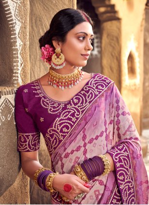 
                            Purple Silk Digital Print Designer Sari