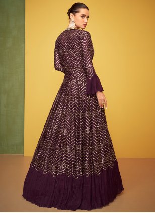 
                            Purple Silk Embroidered Designer Gown