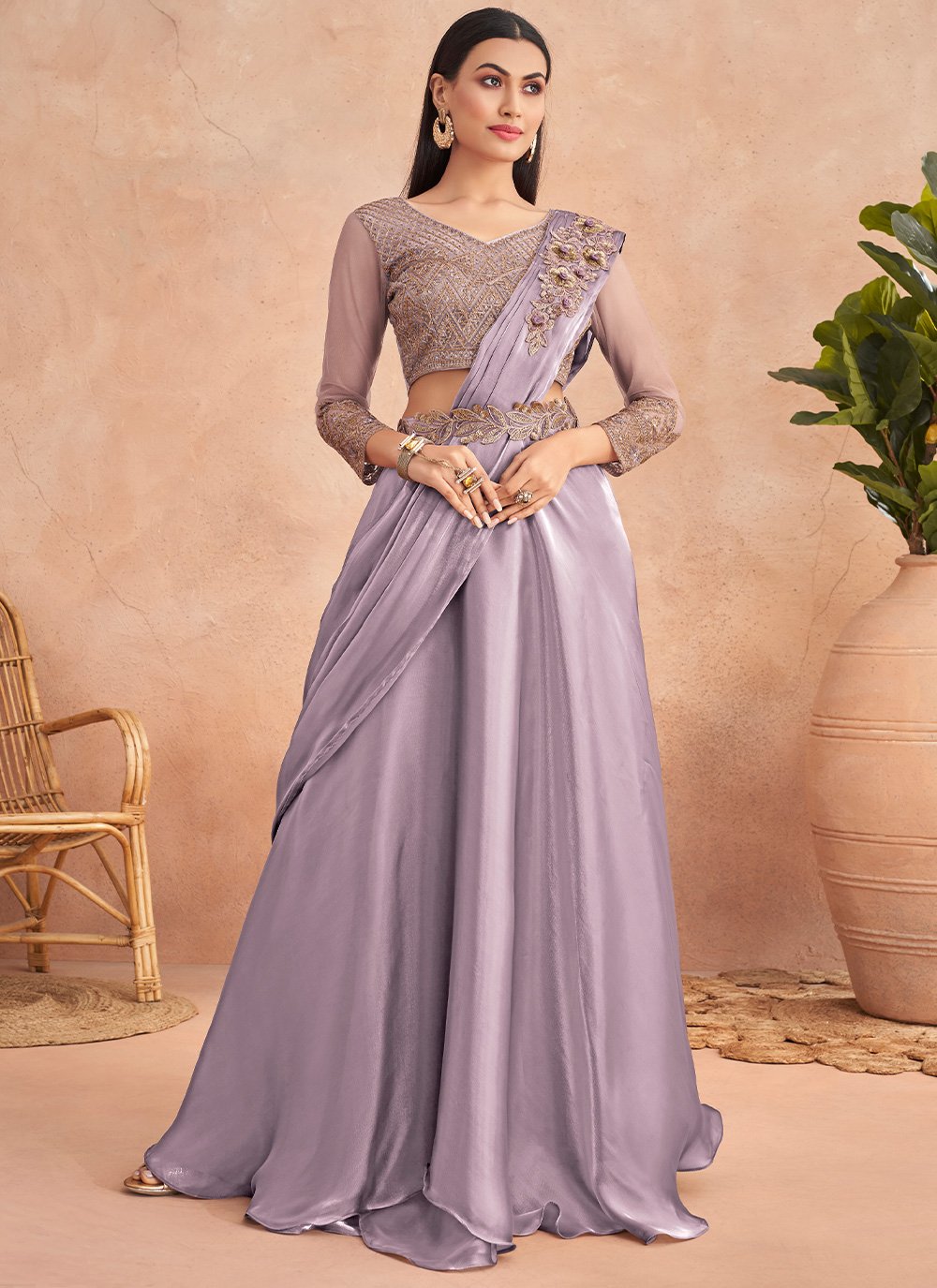 Lehenga Style Saree Silk Purple Embroidered Saree – Kajols - Indian &  Pakistani Fashion & Tailoring