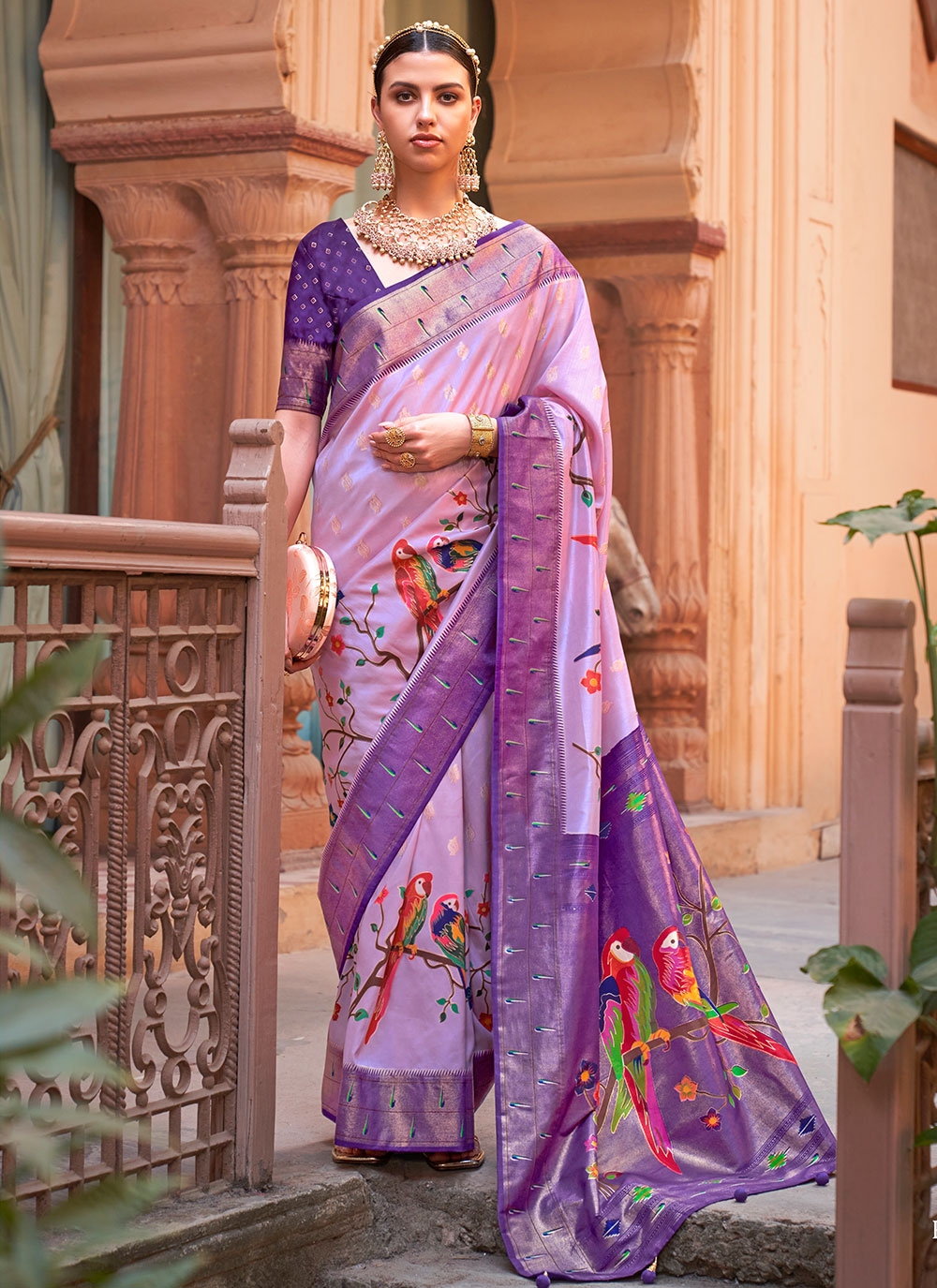 Electric Purple Zari Work Kanjeevaram Silk Saree - House of Vardha