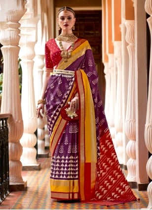 Purple Silk Patola Print Contemporary Sari